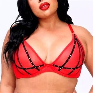 Frederick's Of Hollywood Rozlyn Red Mesh and Black Stud Underwire Bra‎ 32F